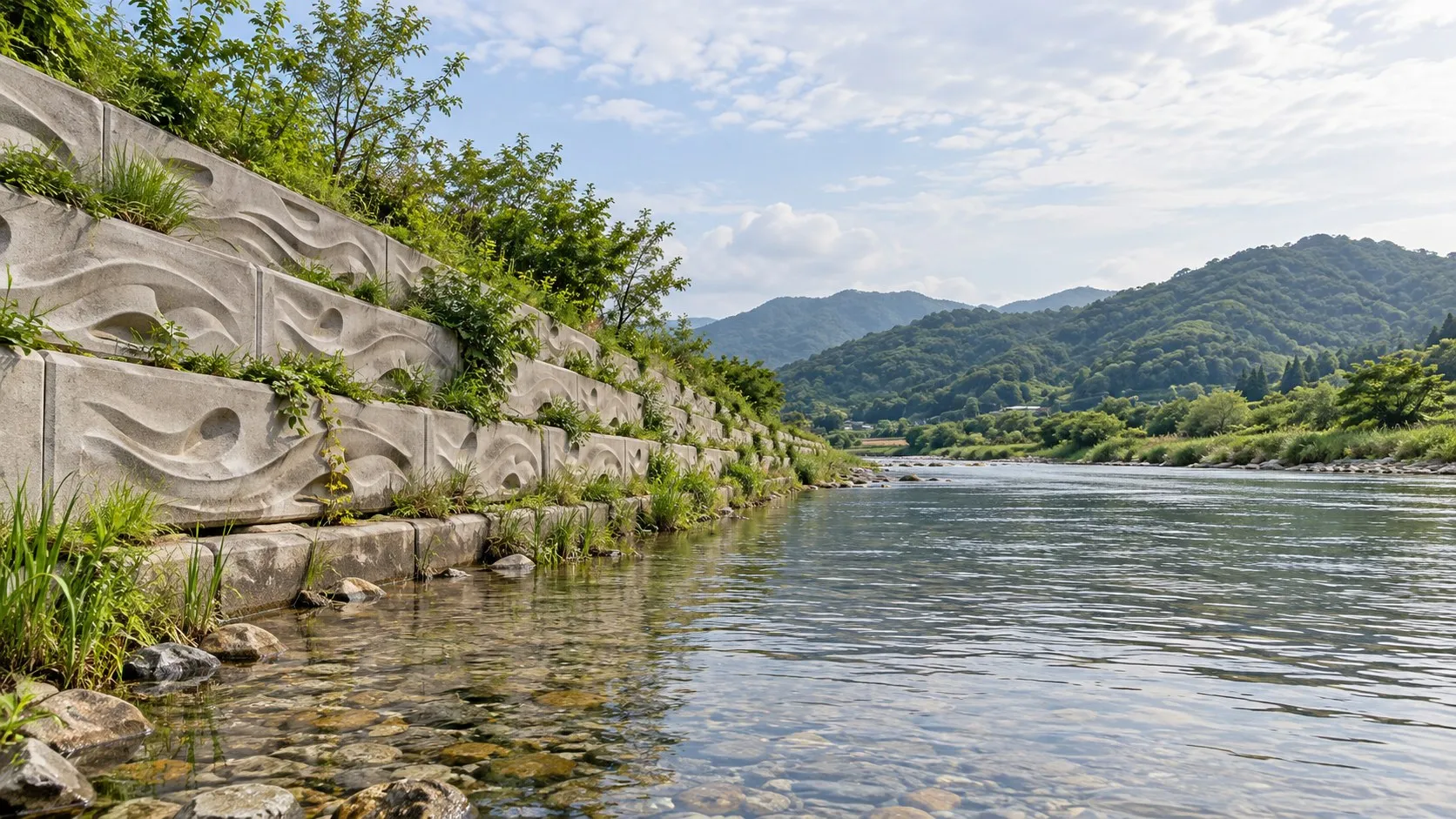 하천을 따라 쌓은 물결무늬 콘크리트 옹벽블록과 맑은 강물, 뒤로 초록 산이 보이는 풍경